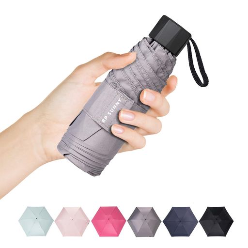 BPSUNNY6本骨日傘コンパクト五つ折り傘収納袋付き軽量晴雨兼用紫外線99%カット女性用19cm折りたたみグレー