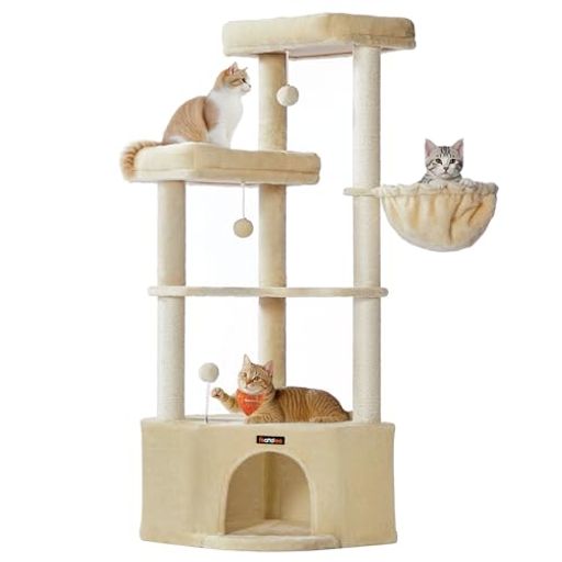 Feandrea キャットタワー 猫タワー 大型ハウス付き 広い見晴台 大型猫 据え置き 登りやすい コーナー型キャットタワー 子猫から老猫・多頭飼い対応 天然麻紐 爪とぎ 運動不足解消 高さ140cm …