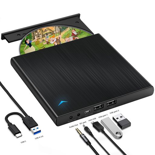 YISJEK外付けCDDVDドライブUSB3.0タイプCCDDVDプレーヤーオーディオ/USBポート/電源ケーブル付きDVDドライブ外付け読み取り/書き込み静音軽量高速スリムCDドライブDVDレコーダー