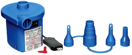 便利なUSB充電タイプの電動式ポンプです。 セット内容:ポンプ本体x1/3口ノズルx1/かんたん空気栓対応ノズルx1/充電用USBコードx1 本体サイズ:幅約9cmx高さ約8cmx奥行約11cm 重量:約250g ※誤作動を防ぐため充電しながらのご使用は出来ません。使用ノズルや膨らます対象によって大幅に前後します。
