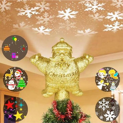 AILOXINクリスマスツリートップサンタ型プロジェクターライト回転式ツリーライト室内投影ランプ雪・星・雪だるま等投影可能交換フィルム5枚付き投影距離4mケーブル長3mUSB式