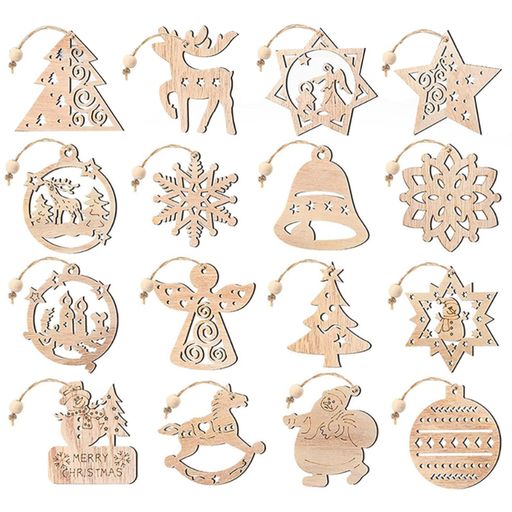 クリスマスオーナメント木製16枚セットクリスマスツリー飾り木製スライス雪の結晶雪だるまトナカイサン..