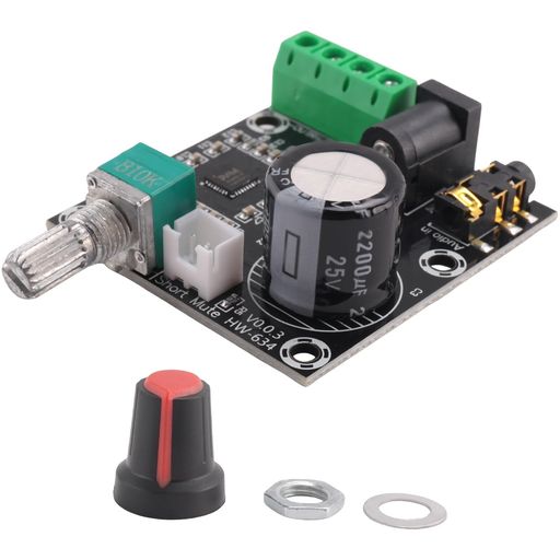 動作電圧:DC7.5-15V 公称出力電力:10 W + 10 W(8) クラスD 静止電流:20ミリアンペア 周波数応答:20 Hz〜50 kHz