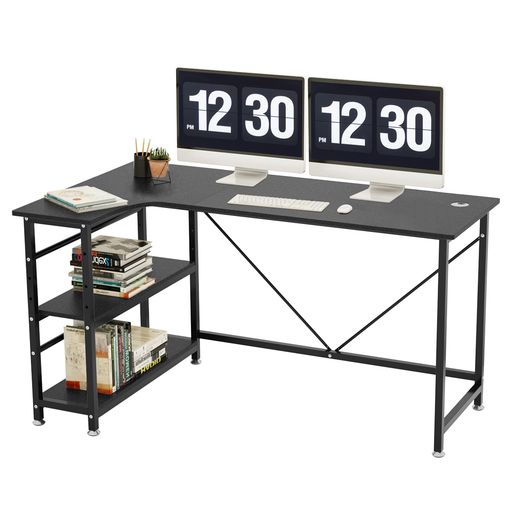 「在庫一掃」パソコンデスク 幅140cm コーナーデスク 可動2段ラック付き テレワーク/ゲーミング L字デスク オフィスデスク 事務机 ホールカバー付 落下防止 メラミン加工 グラつき防止 収…