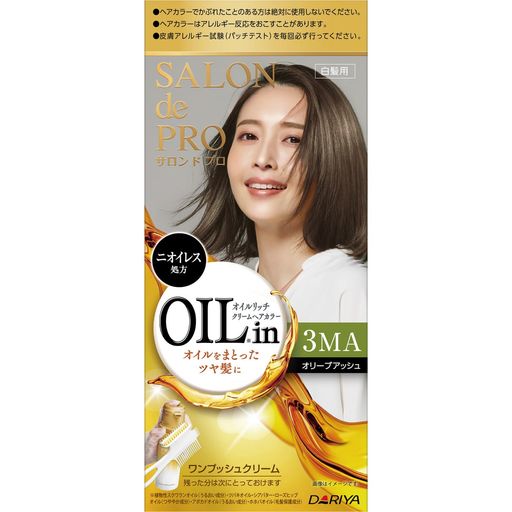 光沢強化 ニオイのない白髪染め(ワンプッシュクリームタイプ)【医薬部外品】 オイルリッチなクリームがヴェールのように髪を包み込み、上質でツヤのある染め上がりに導きます。まぜる手間のないワンプッシュボトルタイプ。残った分は取っておけます。 【カラー】 3MA<オリーブアッシュ> 【内容量】 1剤56g+2剤44g 【原産国】 日本