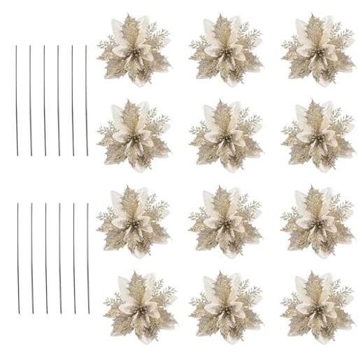 クリスマス飾り造花装飾花クリスマスツリー飾りおしゃれオーナメントクリスマスリースキラキラフラワーツリー飾りデコレーション飾り付け(ゴールド)