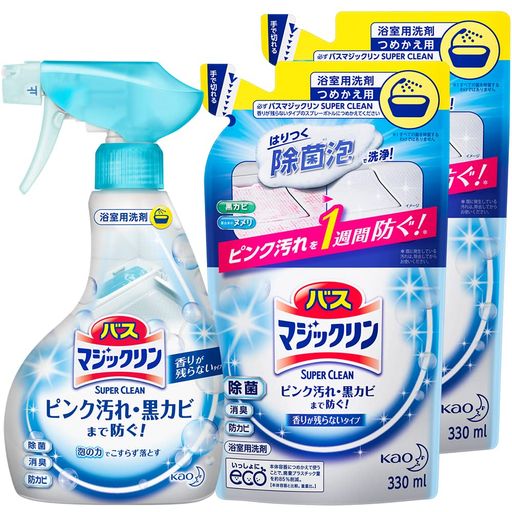 商品サイズ (幅x奥行x高さ) :21.5x34x6 内容量:1040ml 水をかけると泡がサッと消えてすすぎが早いから、時短・節水 洗浄中はほのかに香り、すすいだ後スッと消える、香りが残らないタイプ 菌や黒カビ胞子に直接アプローチする技術