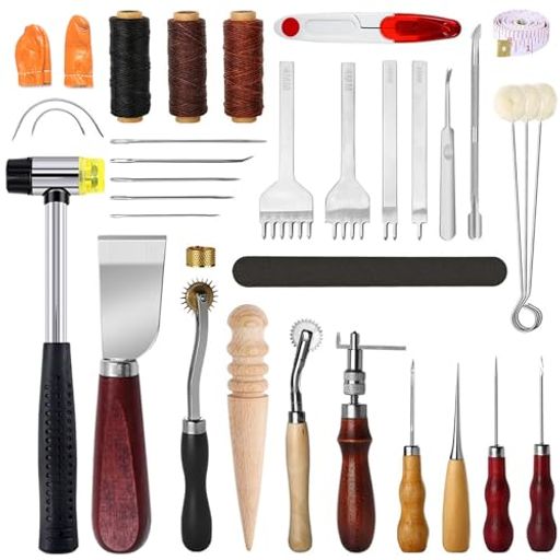 サムコスレザークラフトキット革工具セット初心者練習工具ハンマー千枚通革包丁革用針と糸打ち具セット..