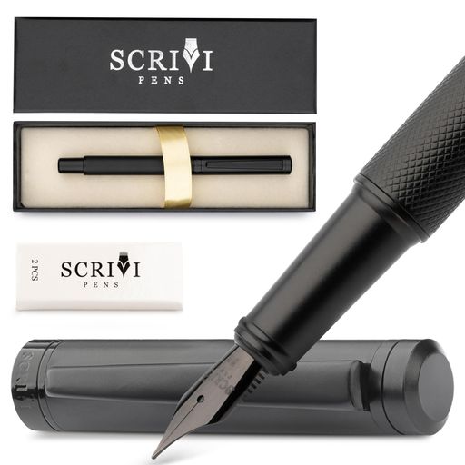 SCRIVIPENS-ブラック万年筆|極細ペン先|万年筆セットインクカートリッジ付き高級詰め替え万年筆|スムーズな筆記、スケッチ、カリグラフィーに最適な万年筆