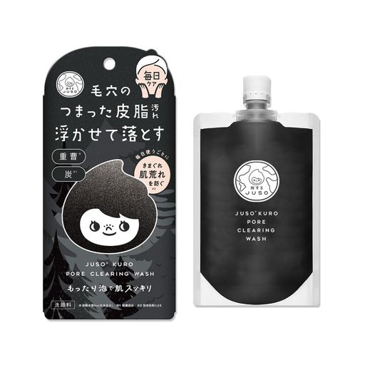 重曹、炭、パパイン酵素のトリプル成分で詰まった皮脂汚れを浮かせて落とす。 弾力のある黒い濃密泡が肌に密着し、汚れをしっかりキャッチ!黒ずみや毛穴汚れをしっかり洗い流す。 収れん成分、肌荒れ防止成分配合で汚れを落とした毛穴をキュッと引き締めます。 毎日のモコモコやみつき泡洗顔で、ツルツルな毛穴美人に!!