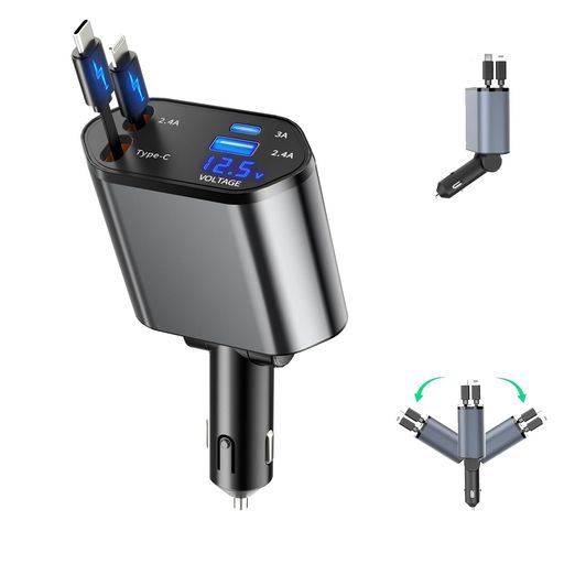 【同時に4台充電可能】2つのポートと2本の巻取り式ケーブルを備え、4台のデバイスを同時に充電可能なシガーソケットです。シガーソケット充電器は2 USBポート(MAX 20W) + 80cmの伸縮式ケーブル2本付き(MAX 100W)の高速充電を装備。家族や友人とのドライブ中でも、全員のデバイスが同時に充電可能なので、バッテリー切れの心配がありません。長距離ドライブやキャンプなど、複数人での移動時にも大活躍します。 【急速充電】この車載充電器はQC3.0とPDに対応し、Type-Cケーブルでの急速充電は最大100W/66W、Lightningケーブルでの急速充電は最大20Wとなります。急速充電に対応したデバイスのみで利用可能です。 【電圧計を搭載】ブルーLEDデジタル表示の電圧計を搭載しており、車のバッテリー状態をリアルタイムで監視することができます。この車載充電器は画期的に電圧テストデータ表示機能を搭載しています。電圧ディスプレイは、現在の出力電圧値をリアルタイムに表示し、あなたが充電状態を一目で把握できるようにします。 【幅広い互換性】1 つの充電器で、車内のすべてのデバイスの充電ニーズを満たせます。