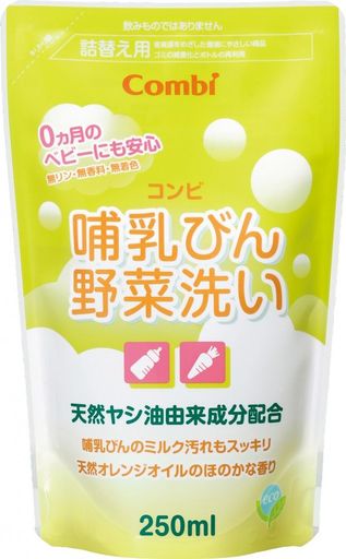 コンビ哺乳瓶野菜洗い詰替えタイプ [本体サイズ] W12xD6xH19cm [製造国] 日本 [素材] 海面活性剤(11%、アルキルエーテル硫酸エステルナトリウム、脂肪酸アルカノールアミド)、安定剤 [対象] 0ヶ月 ~