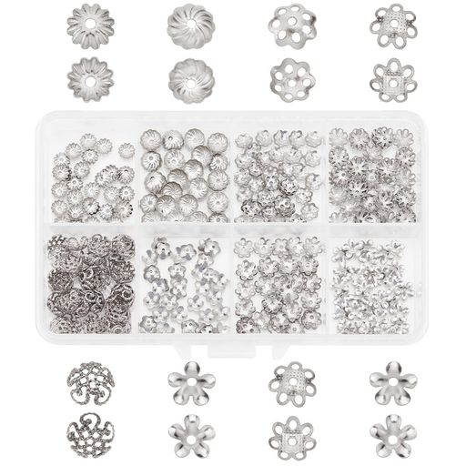 PHPandaHall約320個ビーズキャップ花座8種座金304ステンレスースチールビーズカラフル透かしキャップス..