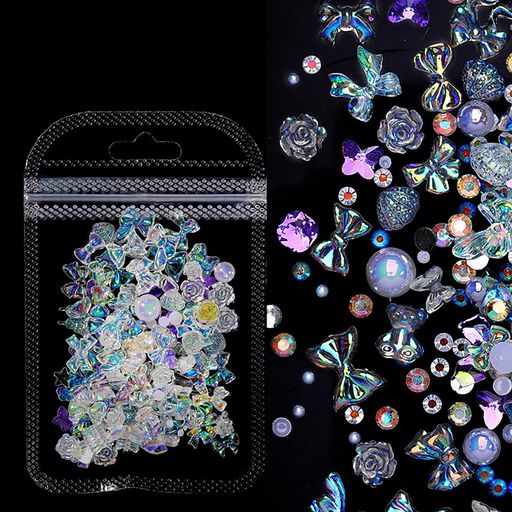 [ALLVD]ネイルパーツ約100個入りジュエリーパーツ装飾パーツリボン本ツバキの花蝶々半円真珠3D立体視樹..