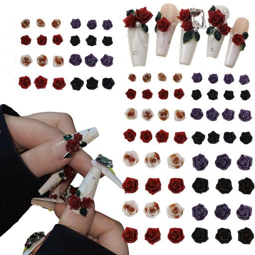 80個セットの3D立体ネイルパーツ-ローズとツツジ花リボン、ネイル飾り手作り樹脂ジュエリーパーツ、3サ..