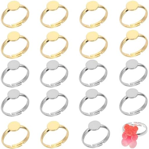リングリングパーツ8mm台座20個セット指輪作りサイズ調節可能平らな表面丸型指輪トレイ手芸材料彫刻/樹脂/宝石素材に使用DIY最適無限組み合わせの可能性空の指輪キット(ゴールド10本+シ…