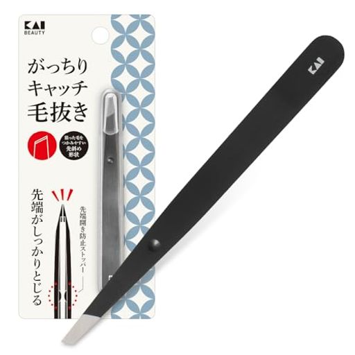 貝印 がっちりキャッチ毛抜き ブラック 毛抜き 先斜 眉毛 髭 キャップ付き KQ3224