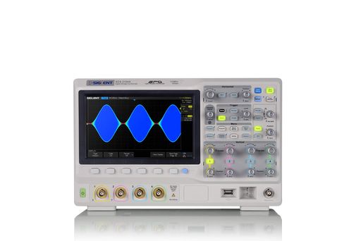 SDS2104X Bandwidth:100 MHz; Channels 4+EXT; Real time sampling rate 2 GSa/s; Capture rate 120,000 wfm/s; Memory depth 200 Mpts/ch Large 10.1” TFT-LCD display with 1024x600 resolution; Capacitive touch screen supports multi-touch gestures Multiple interfaces: USB Host, USB Device (USBTMC), LAN(VXI-11/Telnet/Socket), Pass/Fail, Trigger Out Built-in web server supports remote control by the LAN