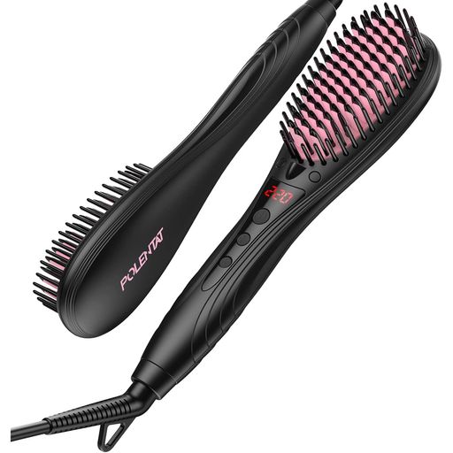 POLENTAT 【美容師おすすめ】ストレートブラシ ブラシ型ヘアアイロン ヒートブラシ マイナスイオン搭載 サロン級 MAX220°C デジタル温度表示 6段階温度調整 温度記憶 急速加熱 静電気防止 火…