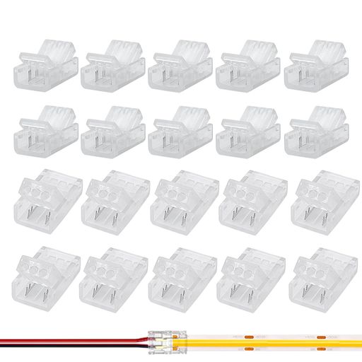 クリアヒル(Clearhill)2ピン透明ハンダ不要LEDライトストリップコネクタ、20個パック-10mm幅隙間なしクイックアダプター(防水/非防水単色LEDストリップ用)、ハンダ付け不要。