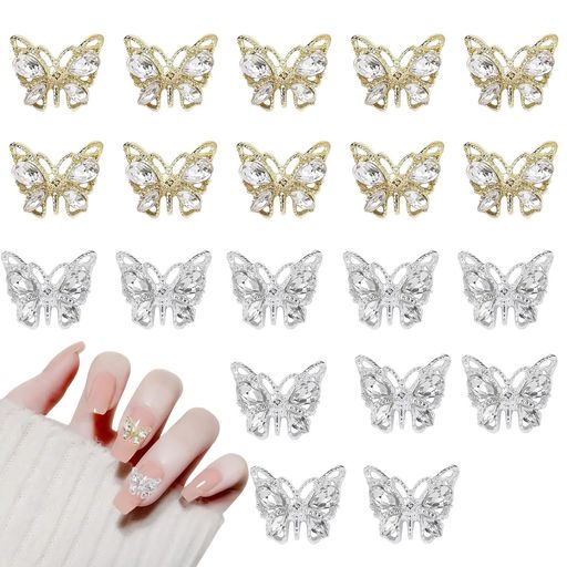 ネイルパーツ蝶20個セット3D立体可愛い蝶々バタフライネイルストーン大きめキラキラシルバーゴールドメ..
