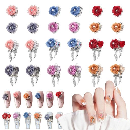 ネイルパーツリボン花24個セット3D立体大きめ蝶結び薔薇バラネイルパーツストーンキラキラハートネイル..