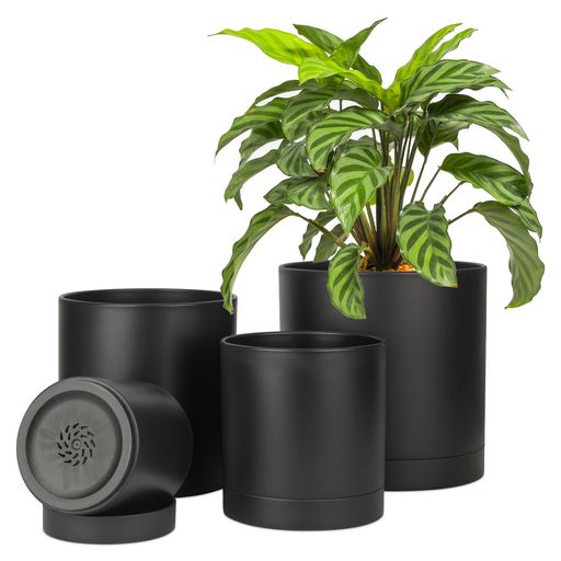 乐天商城 - T4U 植木鉢 プラスチック プランター 4点セット 受け皿付き 10/12.5/15/17.5cm 沢山の排水穴 円形 現代風 フラワーポット 室外室内 観葉植物 ハーブ 花栽培適用 黒