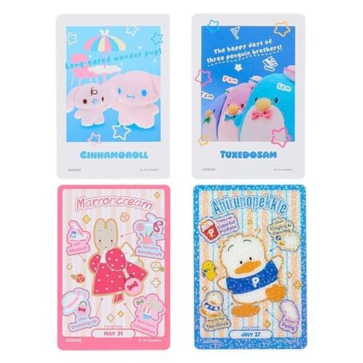 本体サイズ:カード:約幅5.9x奥行0.1x高さ8.6cm。主な材料・原料:紙、PET キャラクターたちの情報やいろんな表情を両面で楽しめるプロフィールカード。どれが出るかは、届いてからのおたのしみ。 (C) 2025 SANRIO CO., LTD. 著作 株式会社サンリオ