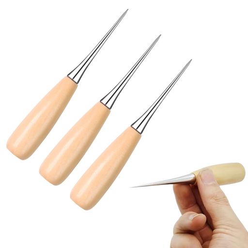 千枚通し目打ち手芸3点セット木製ハンドルレザークラフト革工具セット革パンチングツール穴あけ縫製裁縫道具手縫いレザーツールDIY手作り家庭初心者用