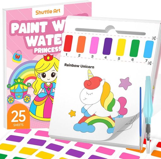 ShuttleArt水彩塗り絵プリンセス子供用水彩絵本画用紙25枚厚手120gsm筆2本補充絵の具シート2枚付き鮮やか透明速乾耐久キッズお絵描きセットウォーターブック付きペイントDIY手作り幼児向け…
