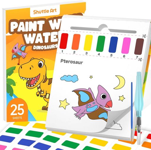 ShuttleArt水彩塗り絵恐竜子供用水彩絵本画用紙25枚厚手120gsm筆2本補充絵の具シート2枚付き鮮やか透明速乾耐久キッズお絵描きセットウォーターブック付きペイントDIY手作り幼児向けアート&…
