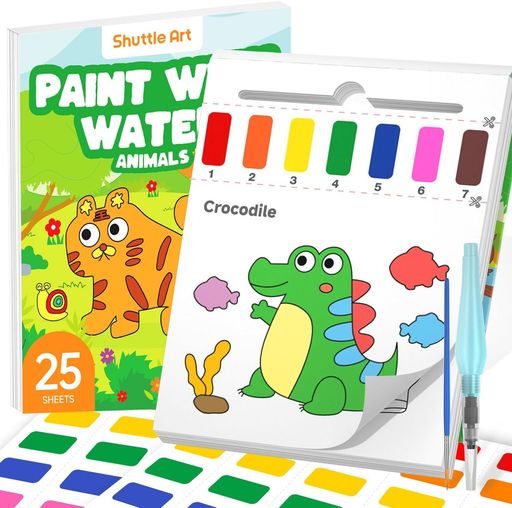 ShuttleArt水彩塗り絵動物子供用水彩絵本画用紙25枚厚手120gsm筆2本補充絵の具シート2枚付き鮮やか透明速乾耐久キッズお絵描きセットウォーターブック付きペイントDIY手作り幼児向けアート&…