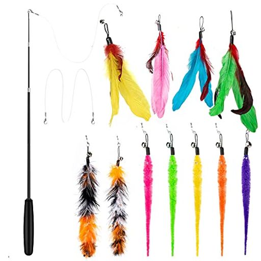 14点セット猫おもちゃColiChili猫じゃらし天然羽のおもちゃ交換用羽11個棒鈴付き交換用釣り糸2個ぶらぶ..