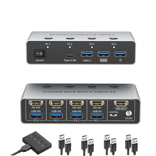 【8K@60Hz 4ポートスイッチ】この4ポートkvmスイッチはEDID/HDCP2.3に対応。8K@60Hz、4K@120Hzの解像度と下位互換性のある4K@60Hz、4K@30Hz、2560*1440@120Hz、1920*1080@240Hzをサポートします、または、HDMI 2.1/2.0/1.4、HDCP 2.3/2.2/1.4、3D、HDRをサポートしており、画像の表示がより絶妙でリアルになり、色がより明るくなります。(注:このKVMで8K@ 60Hzをサポートする場合は、すべてのデバイスがこの高解像度をサポートしていることを確認してください)(注:これはDP KVMスイッチではありません)。 【4つのUSB 3.0ポート付き】kvmスイッチキットには、4つのUSB 3.0(3 USB-A+1 USB-C)ポート、USBフラッシュドライブ、プリンタ、モバイルハードドライブ、Uディスク、その他のUSBデバイスを共有する。 4 in 1outを自由に選択して同期スイッチングを実現。最大5Gbpsのデータ転送速度を提供。