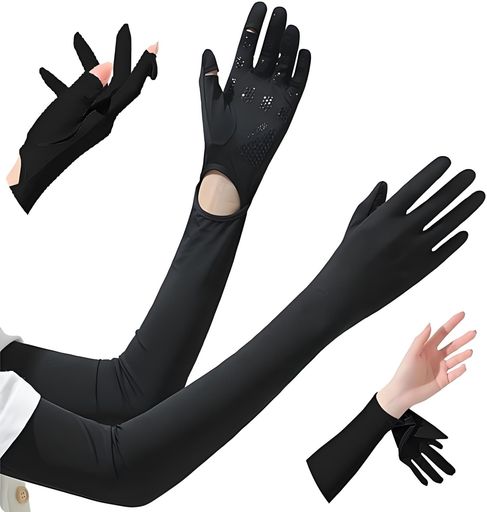 [HUAFIY]アームカバーレディースUVカット冷感ロング指先までフルカバーフリップ仕様日焼け止めUPF50+吸..