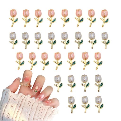 Yuzhiye花ネイルパーツチューリップ30個セットピンク白立体お花パーツゴールド大きいかわいいネイルア..