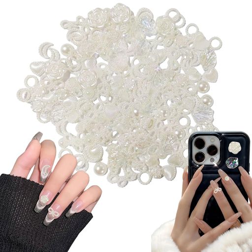 ネイルパーツ約200個セット3D立体星花ハートリボンネイルパーツパールクリアオーロラ蝶シェル大きめネイルアートデコパーツジュエリーパーツランダム形(ベージュ)