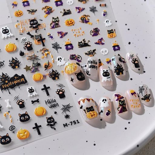 ネイルシールハロウィン貼るだけネイルパーツ2枚セットパンプキンゴースト黒猫魔女5D立体感ネイルステ..