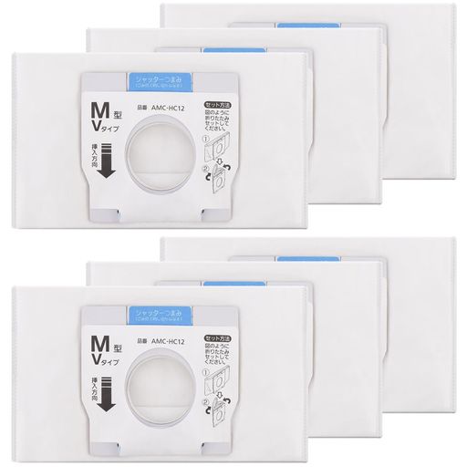 【製品仕様】(1)型番:AMC-HC12 (2)寸法:幅24.5cm、高さ11.5cm(折り畳み式寸法) (3)パッケージ内容:ダストバッグ6枚 (4)ご注意:本製品は純正品ではなく、交換品です。 【対応機種】AMC-HC10/AMC-HC11の後継品。機種番号:MC-PJ210G-W、MC-PA120G-N、MC-JP830K-W、MC-JP820G-W、MC-PJ200G-W、MC-PBKN6A-H、MC-PBH6A-AH、MC-PJ22G-C、MC-PJ220G-W 【Ag銀イオン加工】Ag銀イオン加工を行うため、抗菌&amp;防臭の機能でもあり、ホコリ、花粉、pm2.5、ペットの毛やカビなどを約99.9%逃さん、きちんと捕らえることができます。さらに、ホコリが舞い散り防止のことも大活躍します。 【多層構造】高品質なメルト繊維不織布で作られており、頑丈なで破れにくいです。さらに、立体縫製技法を採用するために、密封性満点でゴミ漏れの恐れが全然ありません。 【大容量】紙パックは約60日分のゴミを収納できるので、一回設置すると、頻繋に交換することは不要です。定期的にメンテナンス作業を行うなら、掃除力をすっかり回復できます。