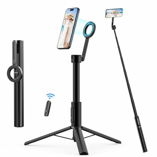 UlanziMagSafe式自撮り棒超長164cmスマホ三脚スマホホルダーMagSafeに対応セルカ棒磁気マグネット式7段階伸縮角度調整スマホスタンドBluetoothリモコン付じどり棒コンパクト