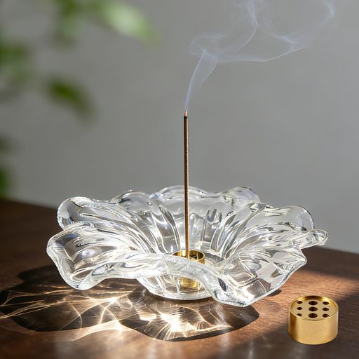 incense Burner - 香炉お香立て灰飛び防止オシャレガラス花型直径約16CMワイドサイズお香香炉置き皿仏壇お香置きインテリアインセンスホルダー瞑想/ヨガ/読書2点セット