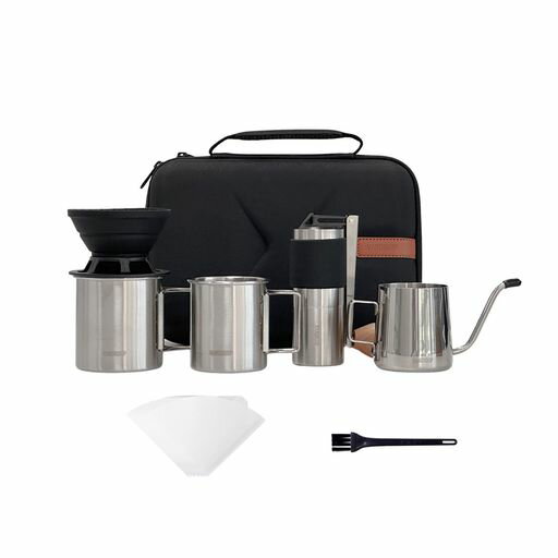 Vandroopキャンプコーヒーセットアウトドア旅行用小型手挽きコーヒーミル折り畳み式ハンドコーヒーグラインダーフィルターペーパーステンレスカップ携帯便利収納袋付き