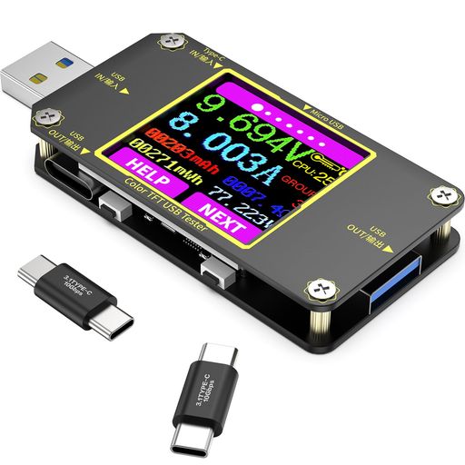 YEREADWUSB電圧電流テスター2-in-1マルチメータータイプCコネクター0-8A4.5~24V360°回転スクリーン搭載..