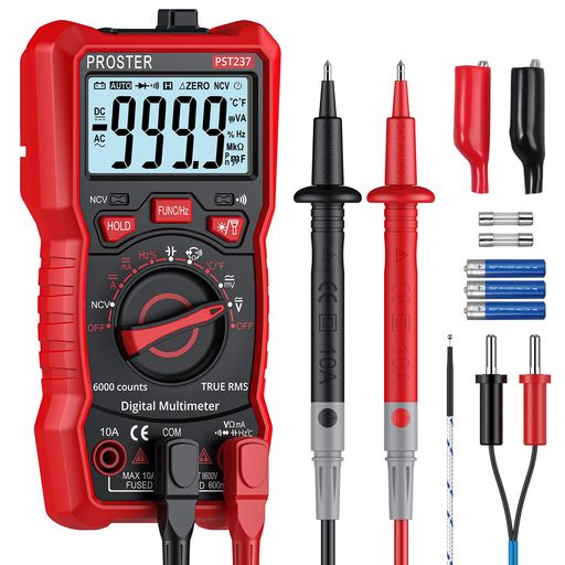 Proster テスター デジタルマルチメーター 6000カウント AC/DC電流 AC/DC電圧 NCV 真の実効値 抵抗 ダイオード 導通 静電容量 周波数 温度測定テスター テストリード ワニ口クリップ 日本語説明…