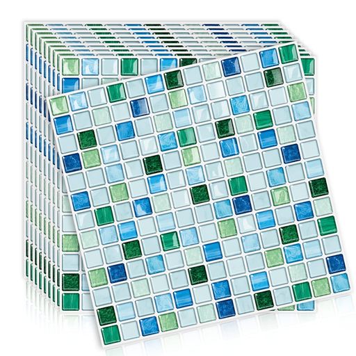 MORCARTタイルシール防水耐熱キッチン洗面所トイレDIY家具やアイテムの装飾タイルシート壁紙シール3Dリメイクシート(25x25cm10枚モザイク・レイクブルー)