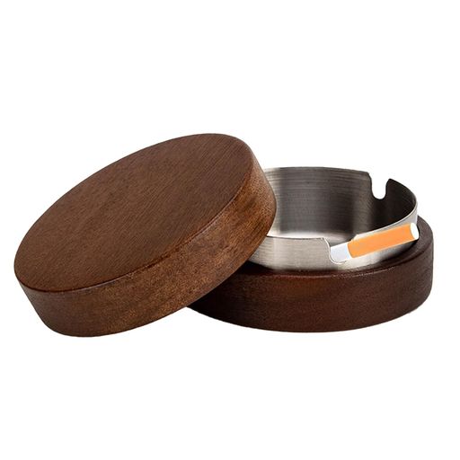 PAVIKE灰皿ふた付き9*4cmステンレス鋼と木製丸型携帯可能洗い可能灰捨て簡単ビジネス用卓上用ご家庭、ホテル、店舗、お手洗いなどに適用します