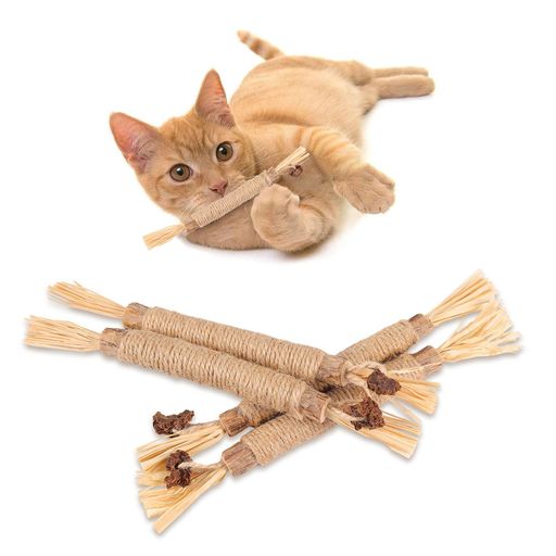 PAKESI猫噛むおもちゃ歯磨き歯ぎしり棒またたび天然木麻縄4本入り天然安全噛むスティック歯のクリーニング無毒肥満解消運動不足解消ストレス解消