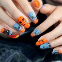 ネイルチップ ショート つけ爪ネイルチップ 短めネイルハロウィンデザイン DIY ネイル 簡単 ジェルネイル ネイルシール かわいいハロウィン パーティー 盆踊り 撮影小物 目立つ ハロウィン 人気 つけ爪ネイル用品 両面テープ48枚付き (ブルー蜘蛛)