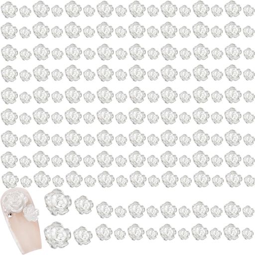 花ネイルパーツ薔薇約200個セット2色6mm8mmローズカメリア椿バラ3D立体大きいお花パーツネイルアートジュエリーデコパーツ手芸ハンドメイド(ホワイト)(4)