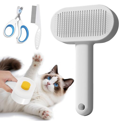 Care Supplies - Okikiペットブラシ3点セット(ブラシ+コーム+爪切り)猫・犬用ブラシワンタッチ痛くない抜け毛対策短毛・長毛対応グルーミングお手入れ簡単